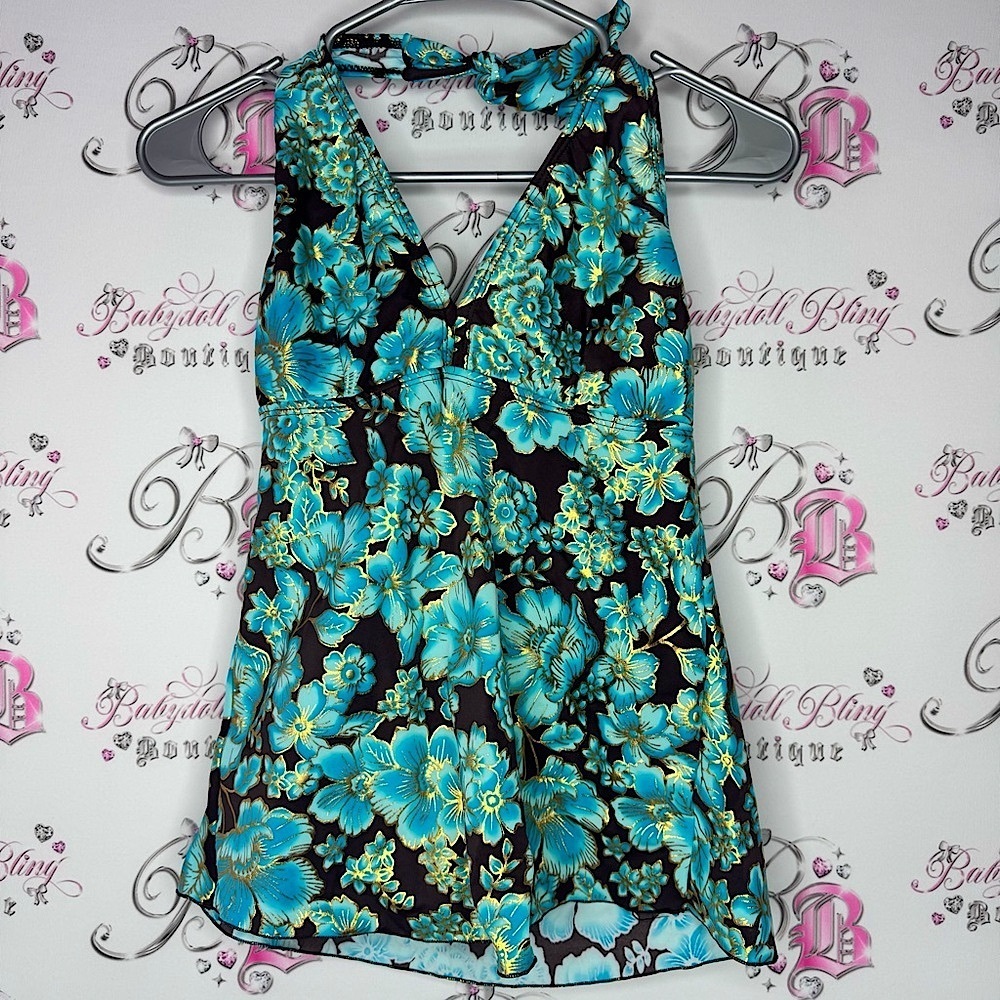 Tankini gold blue brown flowers vintage swim bathing suit Floral Halter Top